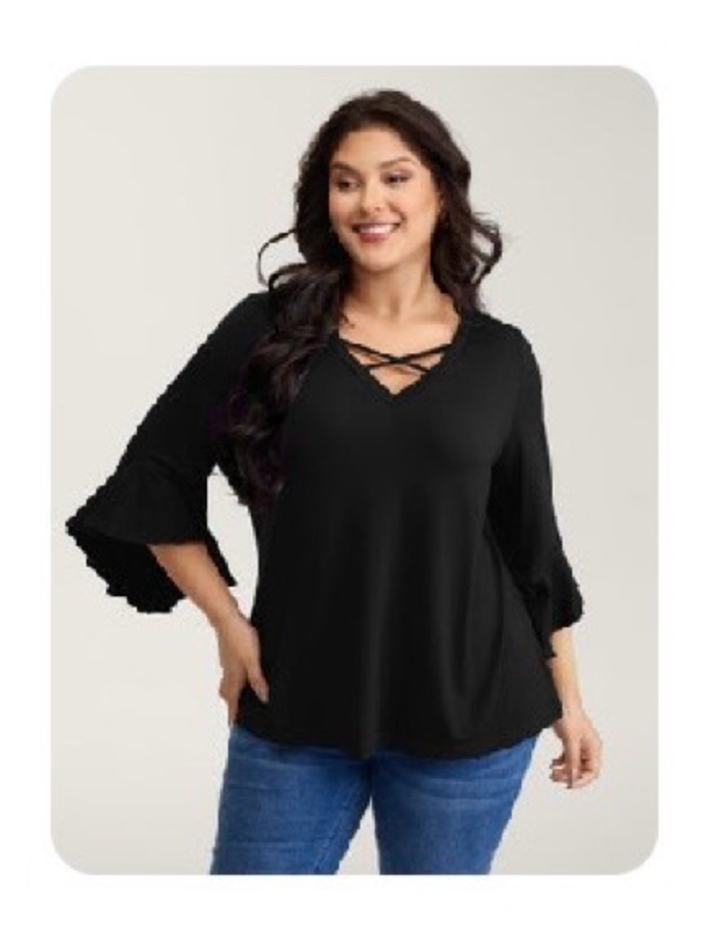 Black Crisscross V-Neck Bell Sleeve Top